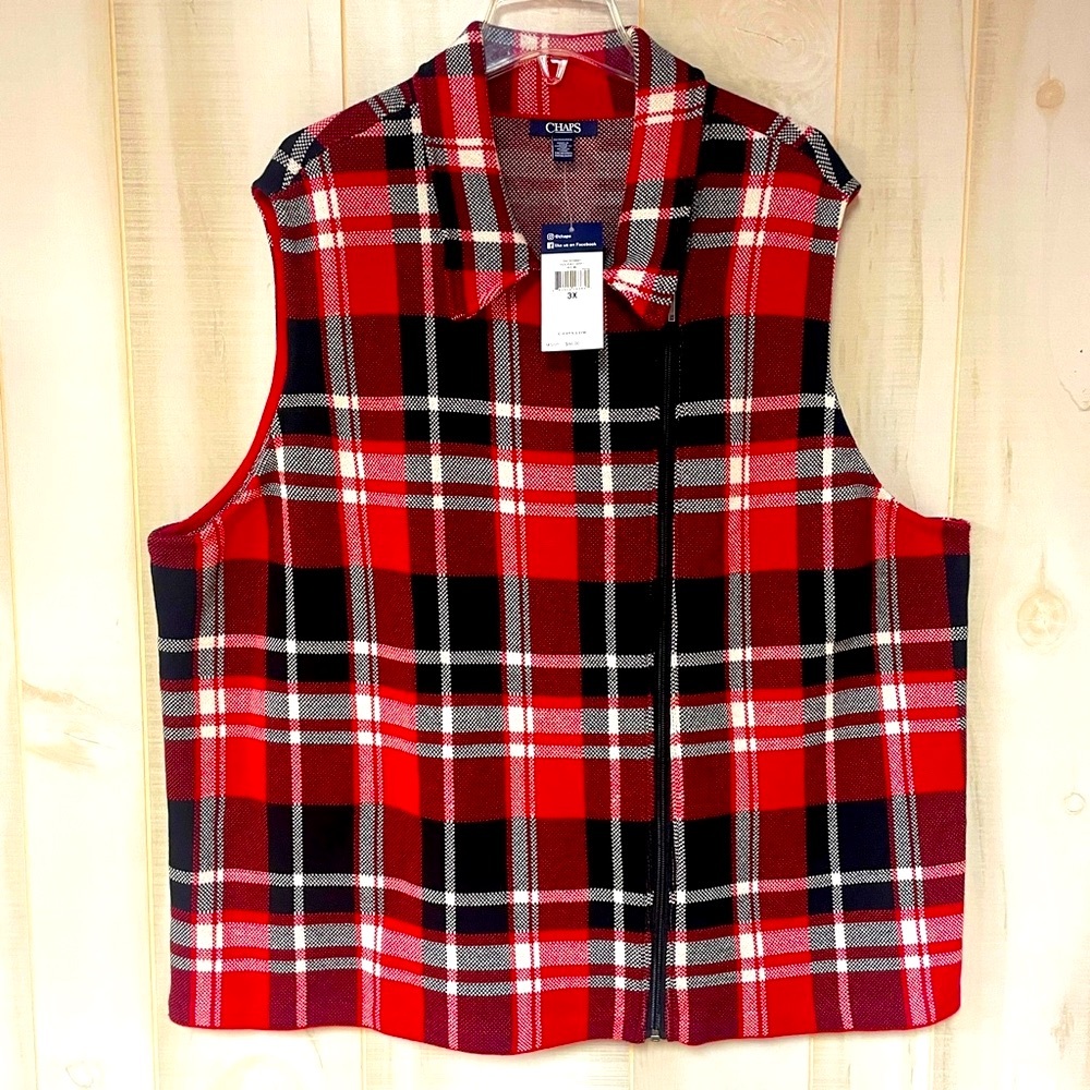 NWT Chaps Red Black White Plaid Asymmetrical Zip Cotton Vest Jacket, Sz 3X - Picture 1 of 6